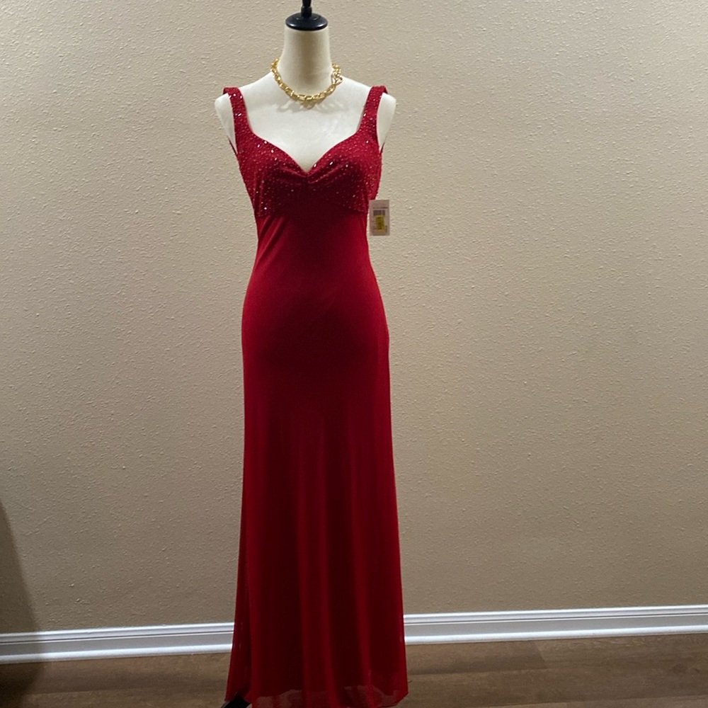 Stunning red evening gown with sequin top area, from B. Darlin